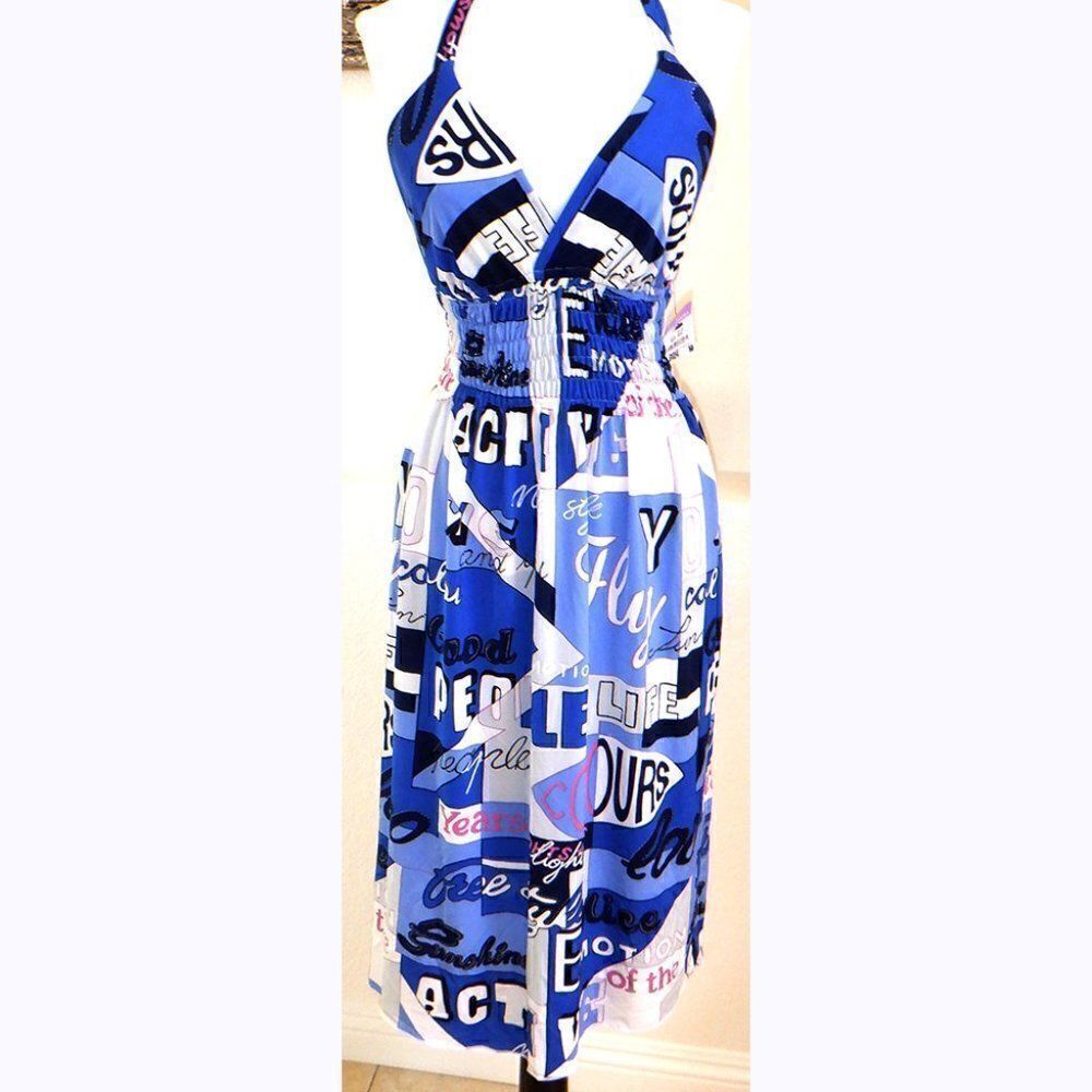 Blue/white Graffiti design halter dress